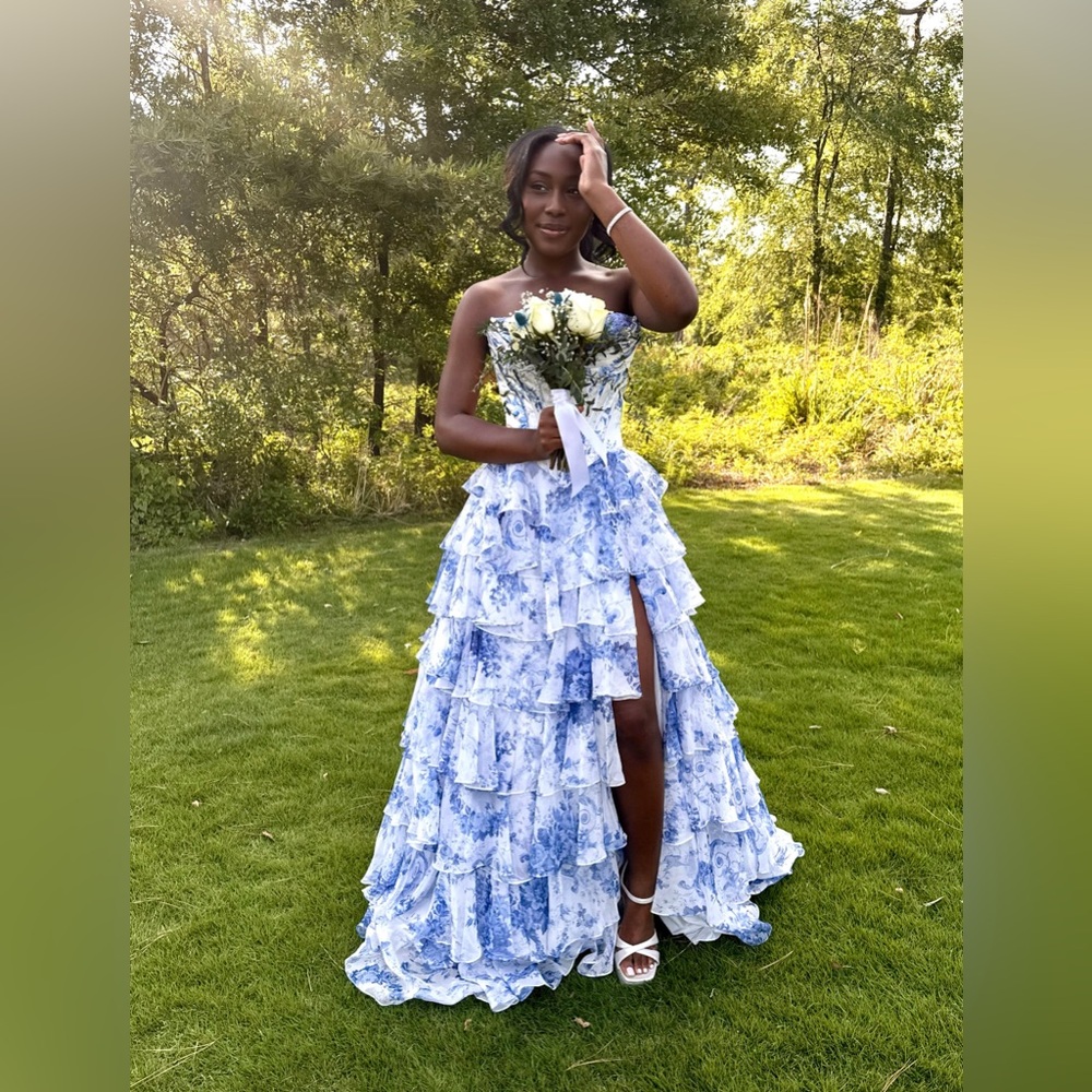 Sherri Hill Ball Gown #57250 Blue & White Floral Ruffle Strapless Gown Prom Gown